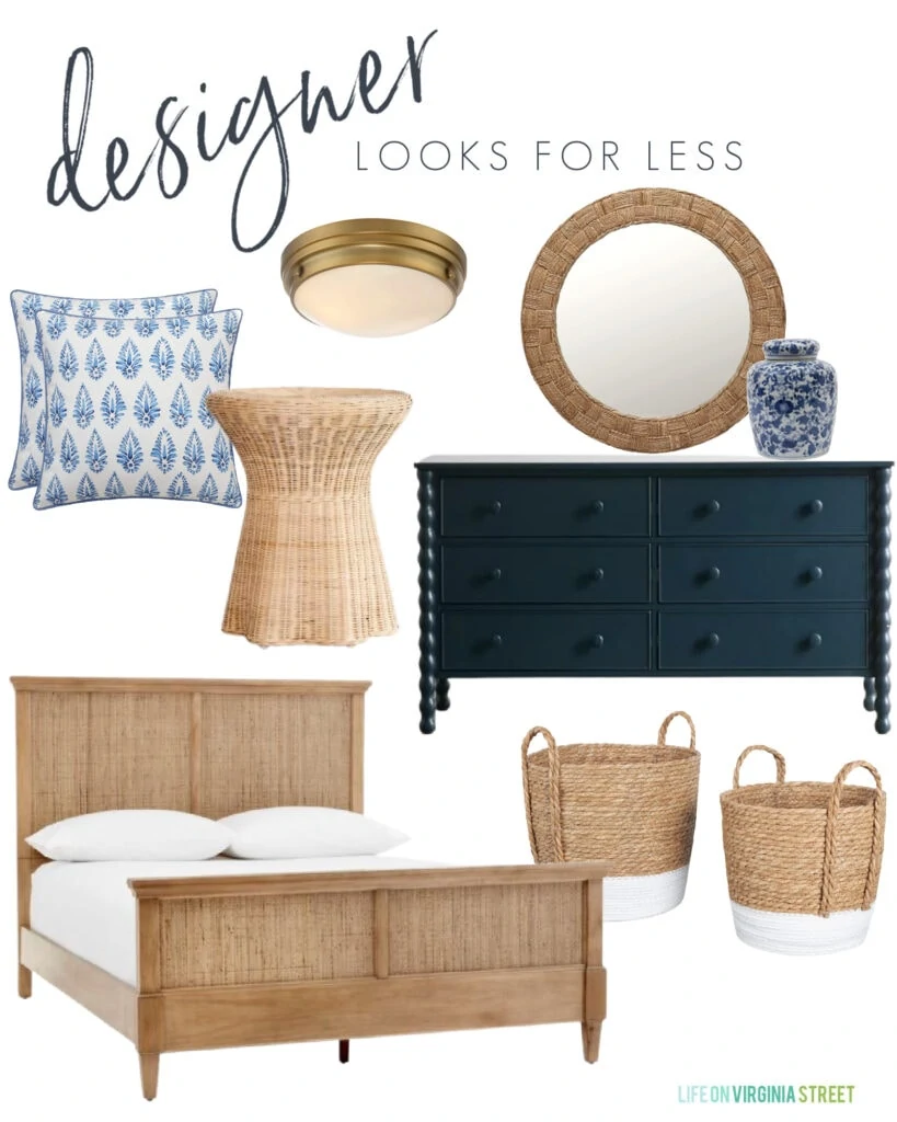 A designer look for less mood board with a cane bed, navy blue spindle dresser, scalloped wicker side table, blue patterned pillows, paint dipped baskets, a blue and white ginger jar, and stylish gold flush mount light fixture.