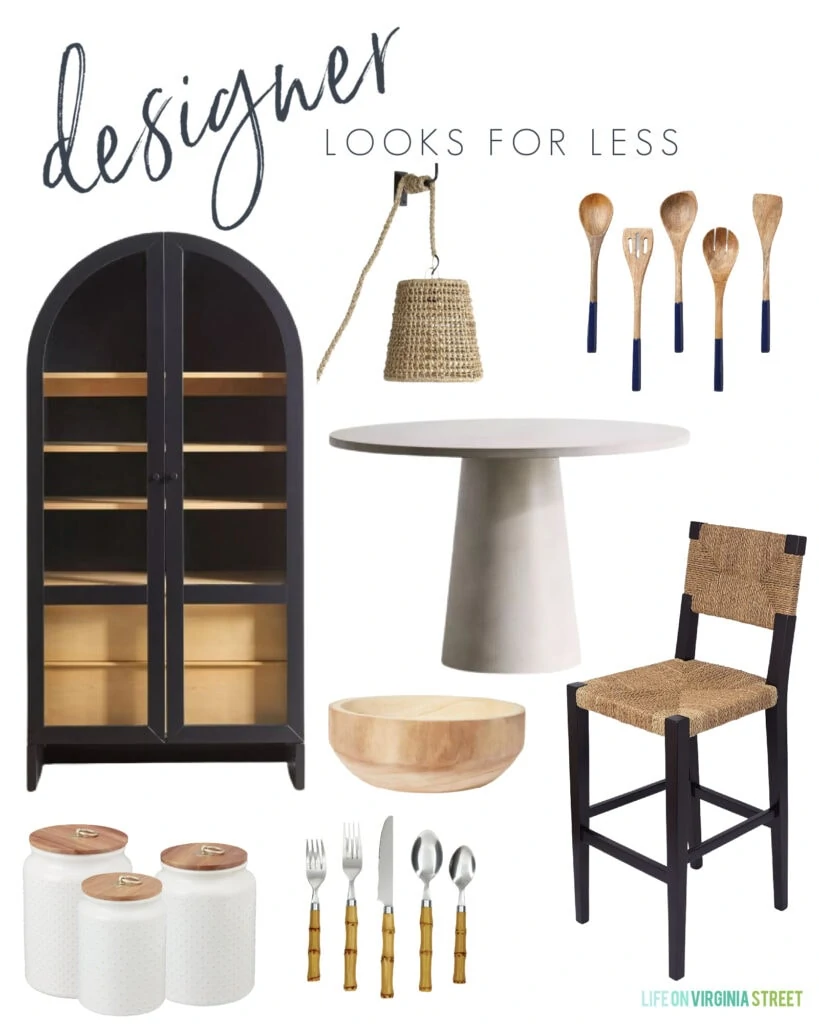 A home decor look for less mood board inspired by designer pieces! Includes an arched cabinet hutch, round concrete dining table, black and natural woven counter stools, paint dipped serving tools, affordable bamboo utensils and more!