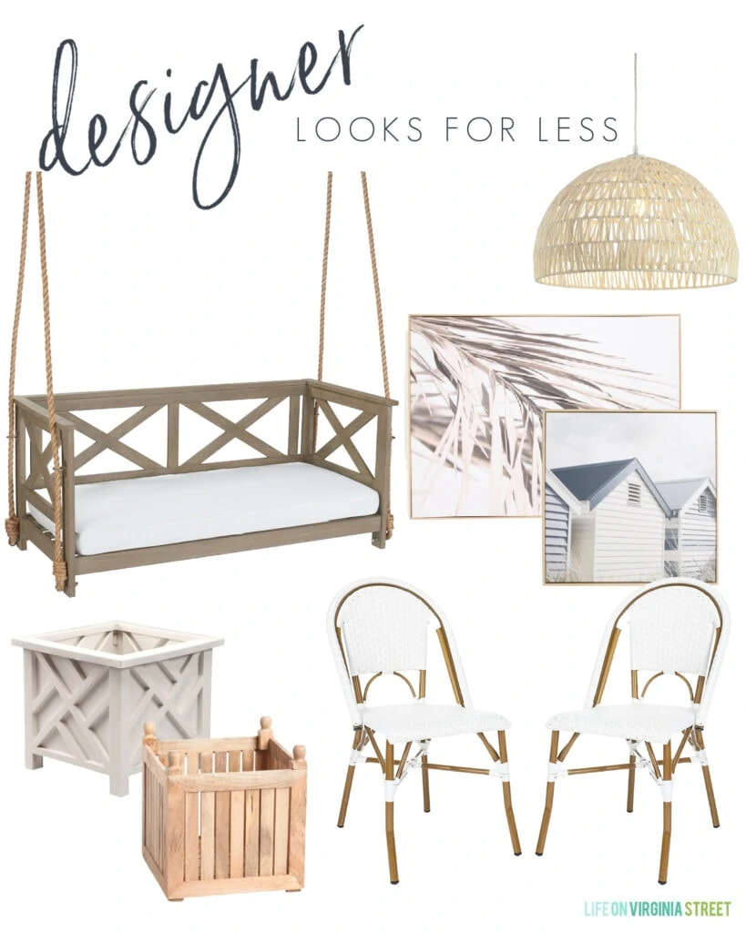 An outdoor-inspired designer look for less design board with a porch swing, coastal art, white bistro chairs, chippendale planters and a woven pendant light.