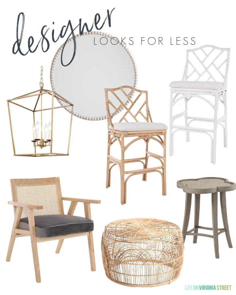 Home decor looks for less with chippendale bar stools, a gold pendant lantern chandelier, cane arm chair, rattan coffee table, and a quatrefoil side table.