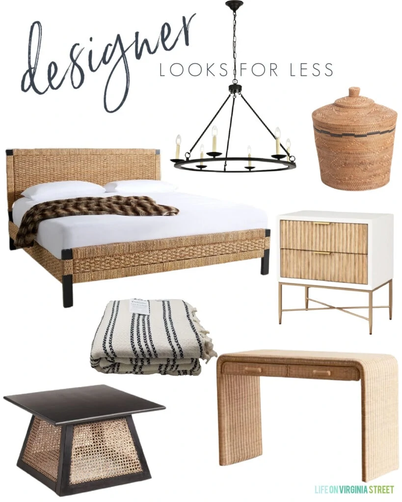 Interior design looks for less with a woven bed, affordable wagon wheel chandelier, fluted nightstand, wicker desk, cane coffee table, and Turkish throw blanket.