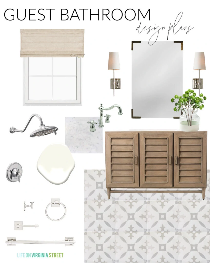 A small guest bathroom design plan with a louvered wood vanity, patterned tile floors, sconce lights and a woven Roman shade.