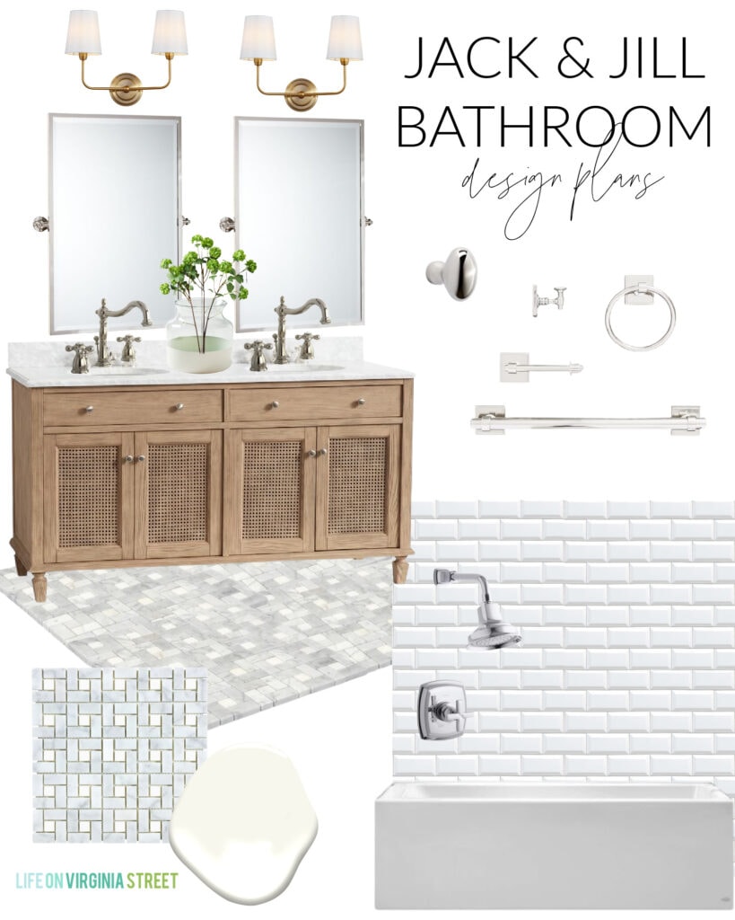 Jack & Jill bathroom design plans for a classic and slightly coastal look! Includes a cane wood vanity, white beveled subway tile, pivot mirrors and marble floors.