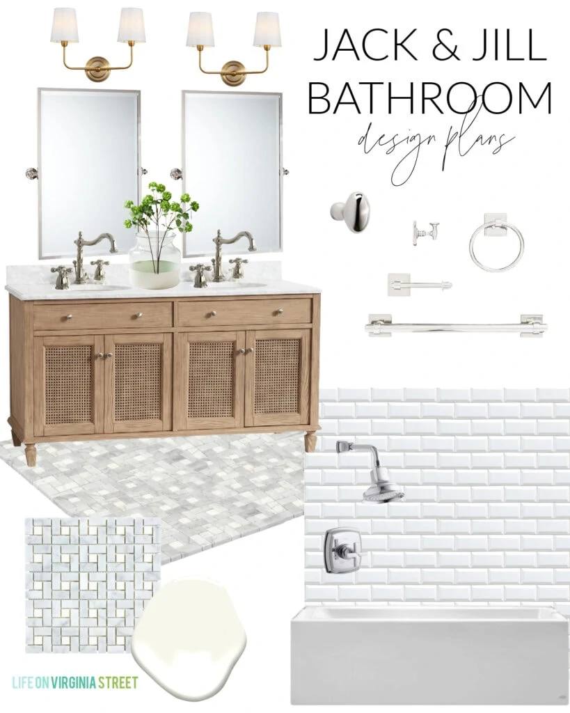 Design plans for a Jack & Jill bathroom remodel include a wood cane vanity, white beveled subway tile, pivot mirrors, gold light fixtures, and Carrara marble pinwheel tile floors.