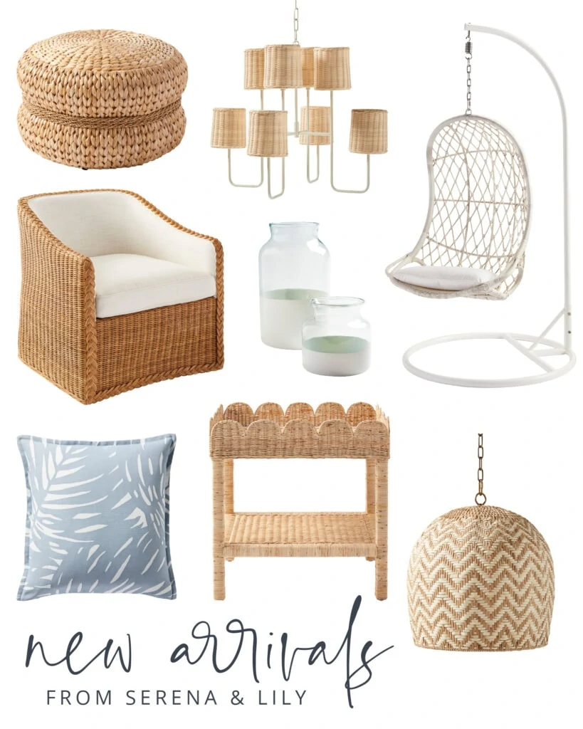 Serena & Lily sale picks! Includes a palm print pillow, rattan chair, scallop wicker tray, white swing chair, and more!