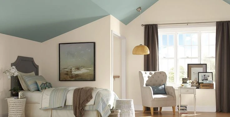 Sherwin Williams Drizzle painted ceiling. Such a pretty blue green paint color, and I love its application here!
