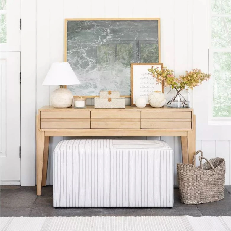 Gorgeous pieces from the new Studio McGee Target spring line! Love this wood console table, round wood lamp, beach art, striped bench, seagrass basket and more!