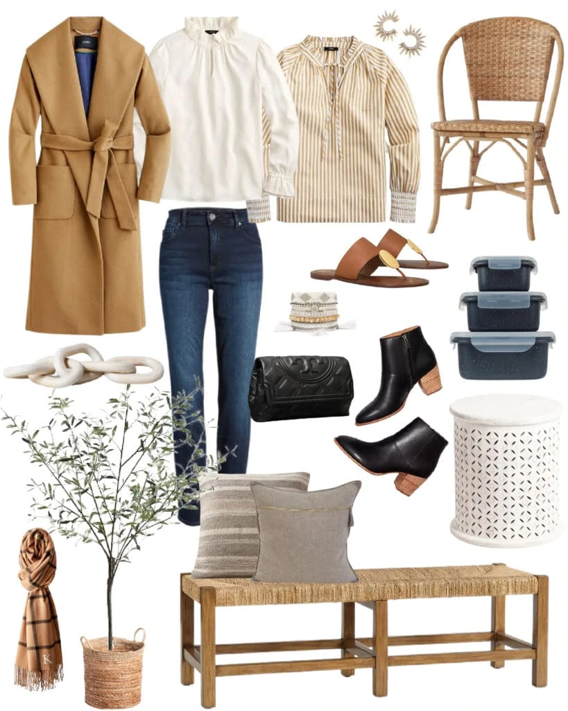 My top picks for women's fashion and home decor from the best weekend sales! Includes a wool wrap coat, woven bench, Parisian style bistro chair, white wood stool, quilted clutch purse, light wood chain decor, black booties, cute ruffled tops, and more!