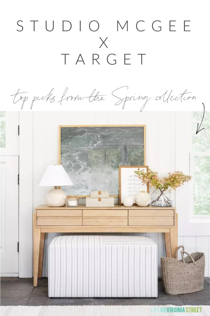 Sharing my top picks from the Studio McGee Target spring collection! So many high-end looking finds at affordable prices. I love this light wood console table, gold mirror, woven baskets, striped rug, woven boxes, wood lamp and more!