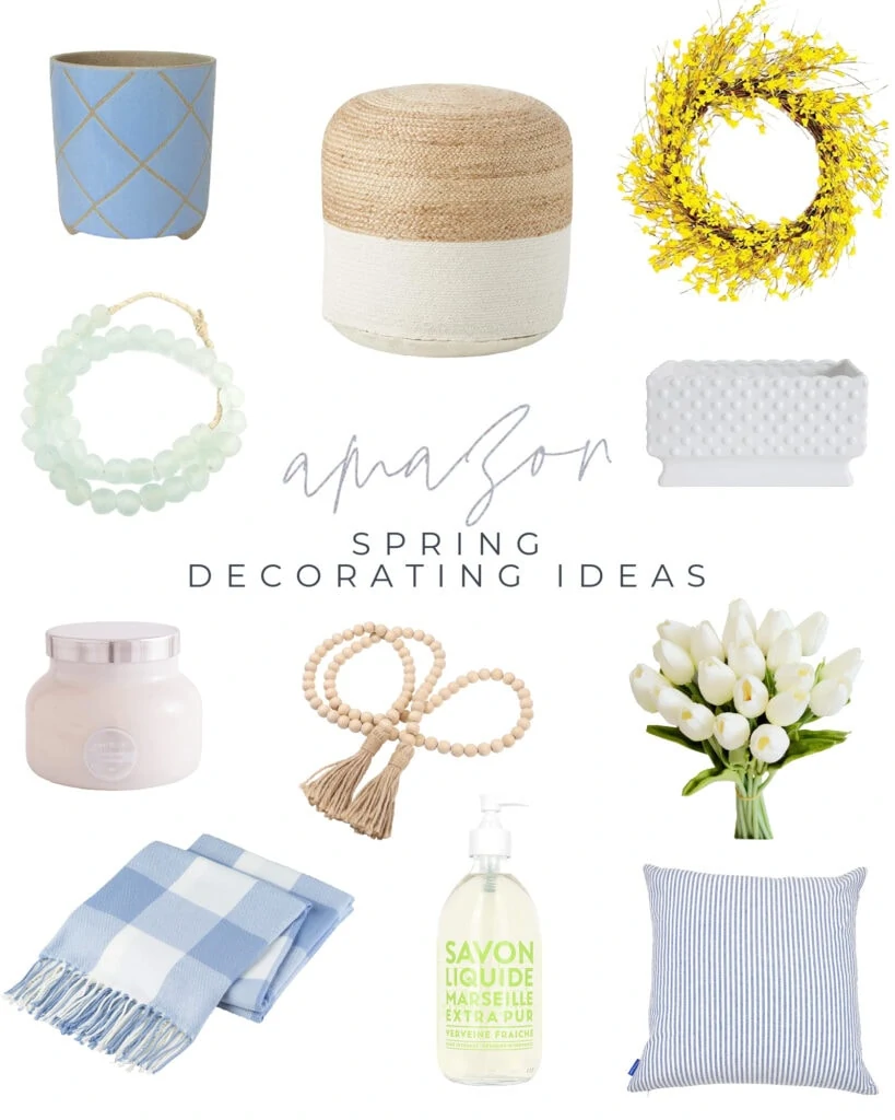 A selection of Amazon spring decorating ideas that are perfect for adding spring decor to your home! Includes recycled glass beads, a forsythia wreath, light blue buffalo check throw blanket, faux white tulips, a hobnail planter and so much more!