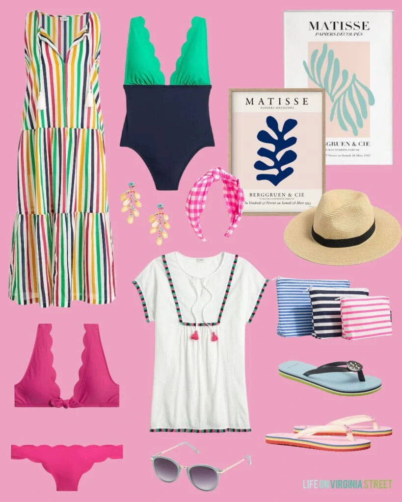 Colorful beach inspired outfits including a rainbow maxi dress, scallop colorblock bathing suit, matisse art prints, flip flops and a scallop bikini!