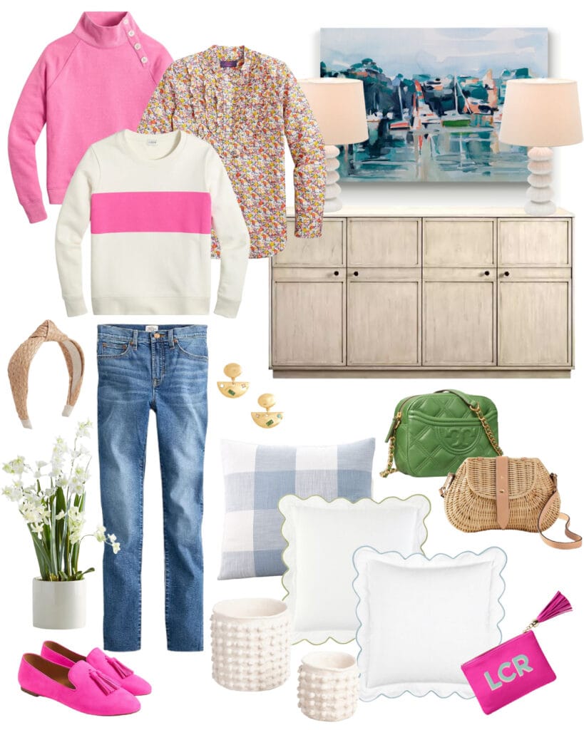 A collection of bright spring inspired items on sale this weekend! Love the bright pink sweatshirts, floral top, light buffalo check pillow, light wood console table, sailboat art, urchin lamps and pom pom planters!