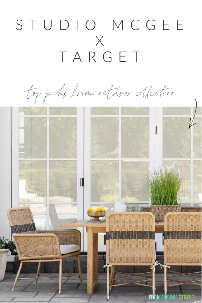 A selection of striped outdoor dining chairs and decor from the new Studio McGee Threshold line at Target.