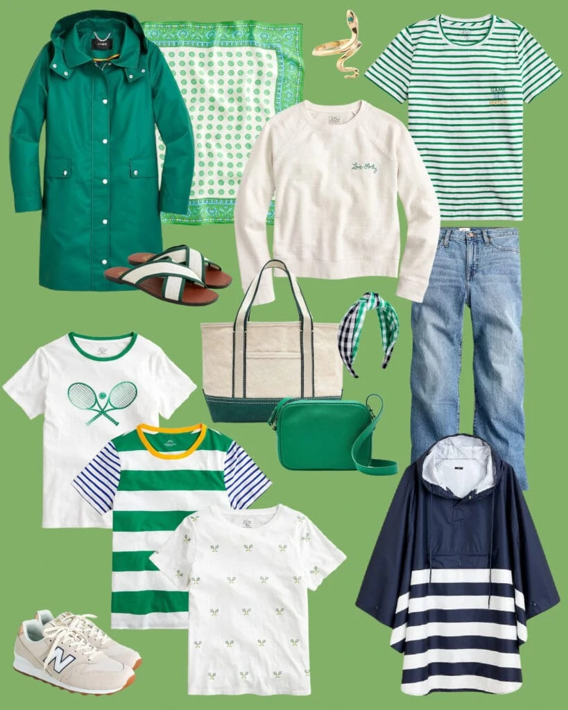 Green outfit ideas for spring! Includes a kelly green raincoat, preppy striped tee shirts, tennis tees, a canvas tote, striped packable rain poncho, and a green pebbled leather purse. Perfect for St. Patrick's Day or spring in general!