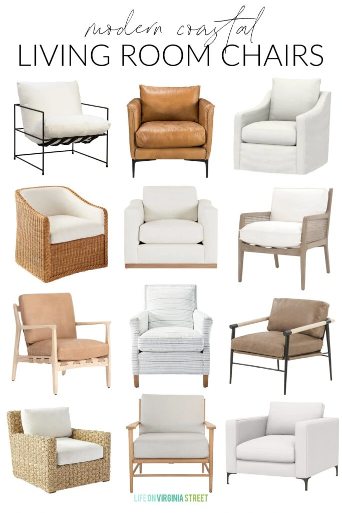 A curated collection of modern coastal living room chairs. Includes upholstered armchairs, light leather chairs, woven chairs, and more!