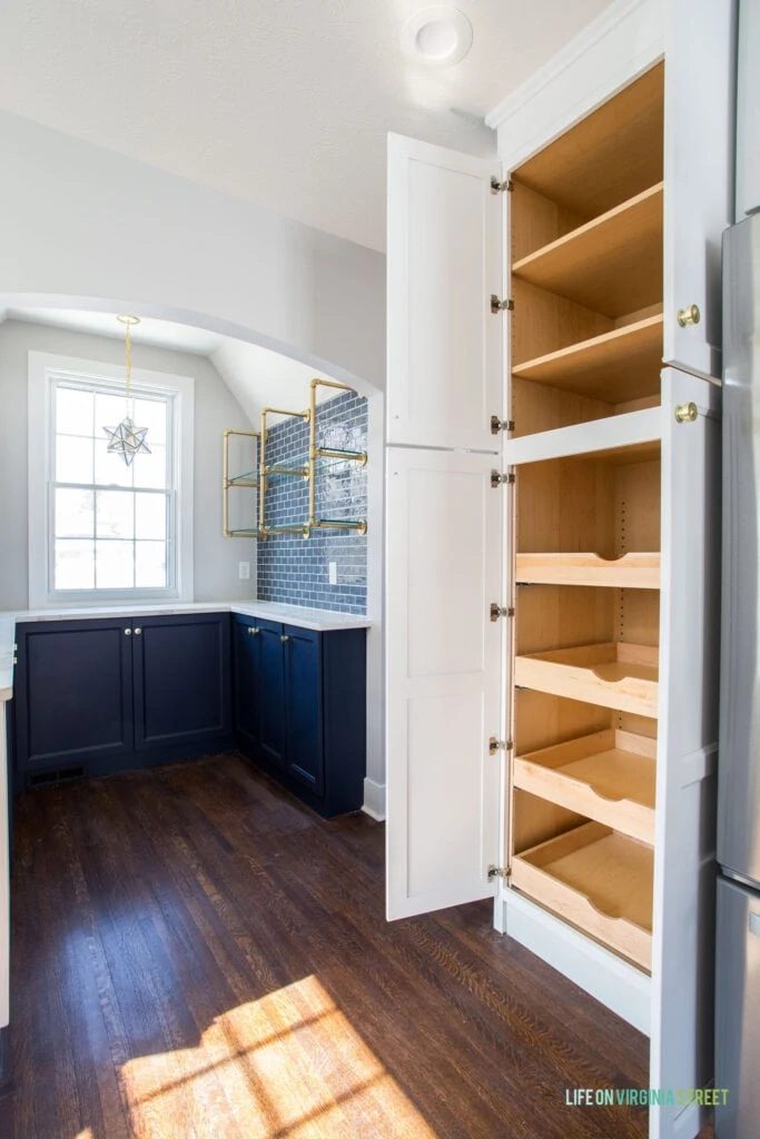 Kitchen pantry cabinets with rollout shelves and storage.