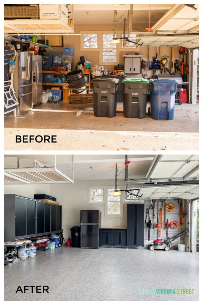 A garage makeover that includes new garage storage pieces, polyaspartic garage floors, a slat wall for gardening tools, a garage workbench, and much more!