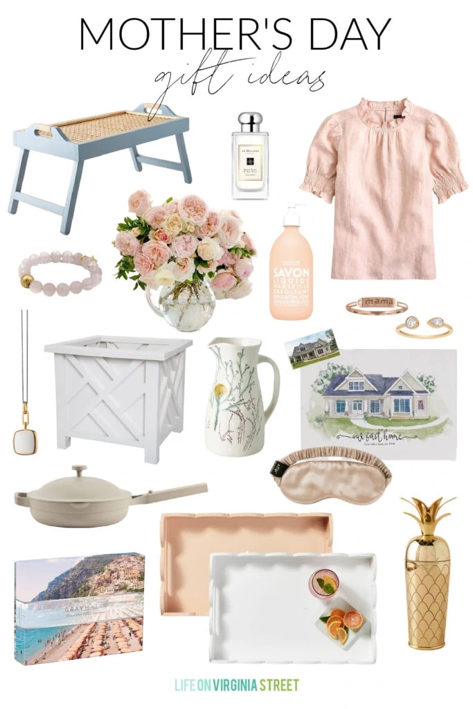 A collection of beautiful Mother's Day gift ideas including a cane breakfast tray, cologne, linen shirt, chippendale planter, scallop planters, custom watercolor house painting, beautiful jewelry, and more!