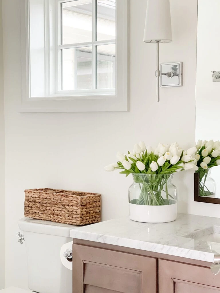 A segrass basket that discreetly holds toilet paper and other hygiene products on the back of a toilet.