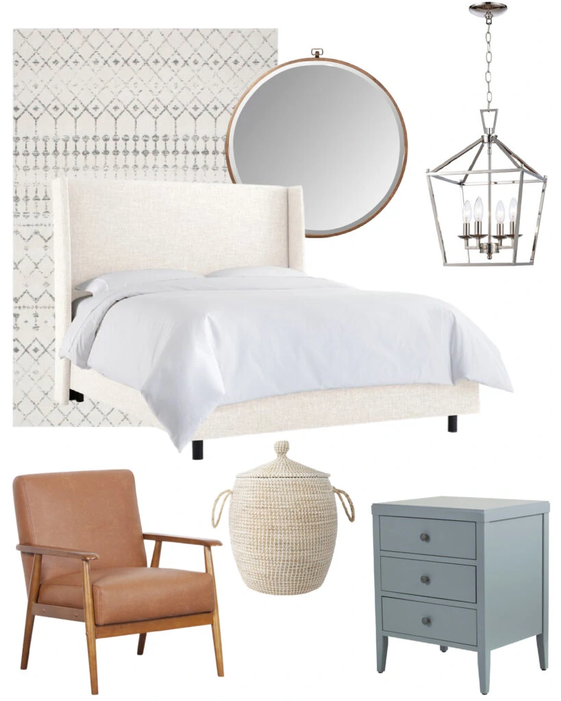 Traditional and boho style bedroom design board with a patterned rug, upholstered bed frame, round gold mirror, lantern pendant light, faux leather armchairs, a woven basket hamper, and a chic gray blue nightstand!