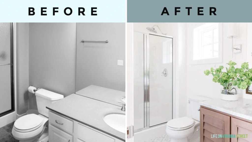 Before and after images from our small guest bathroom remodel reveal!
