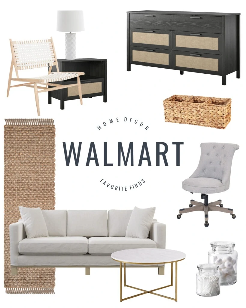 Walmart home decor and furniture finds including a woven leather chair, cane style black dresser, rolling desk chair, chic sofa, faux marble coffee table and a braided rug.