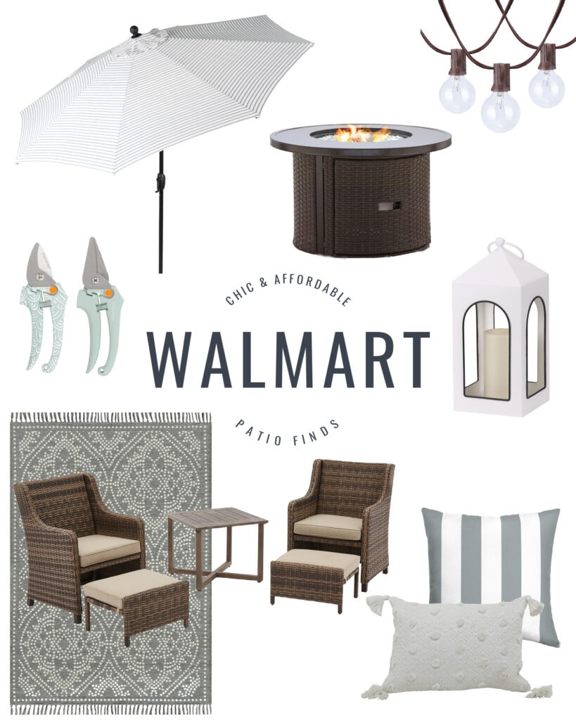 Chic and affordable Walmart patio furniture including a striped umbrella, round firepit, string lights, a white outdoor lantern, a patterned outdoor rug, cute outdoor throw pillow and a wicker style conversation set.