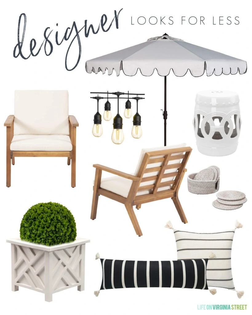 Patio decor with a designer look for less! Includes a scalloped umbrella, faux boxwood in a chippendale planter, striped outdoor pillows and shatterproof string lights.