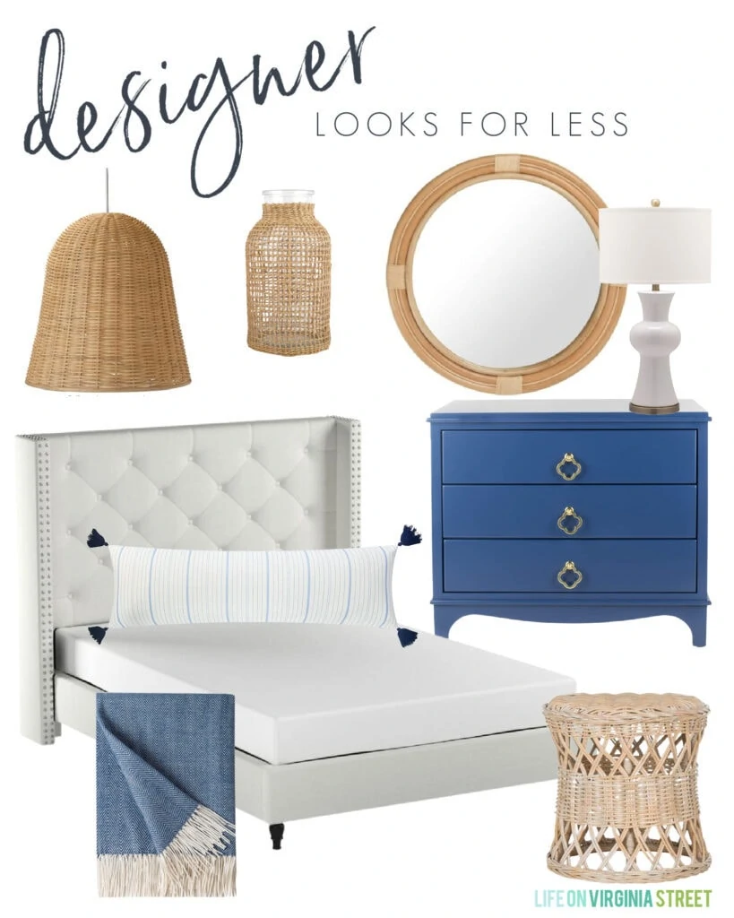 Coastal inspired designer looks for less mood board with a tufted headboard, woven pendant light, blue dresser, round rattan mirror, ceramic lamp, and long lumbar pillow.