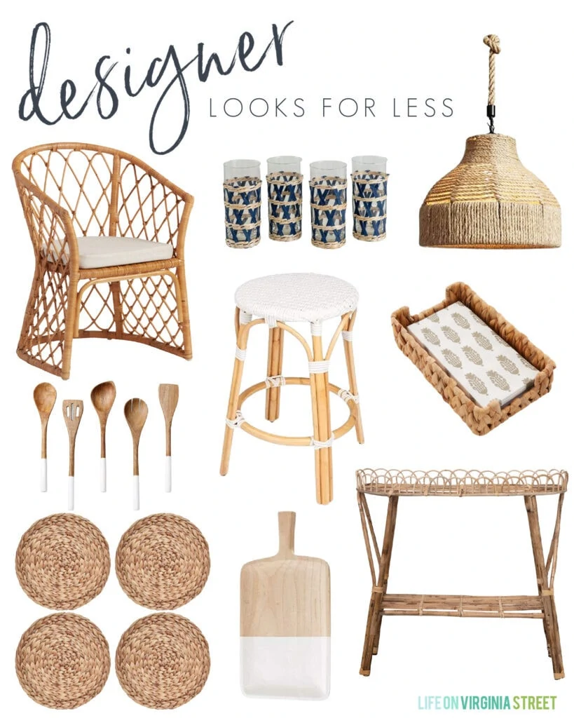 Designer inspired woven kitchen decor including an armchair, counter stool, pendant light, water hyacinth placemat, plant stand, drinking glasses and more!