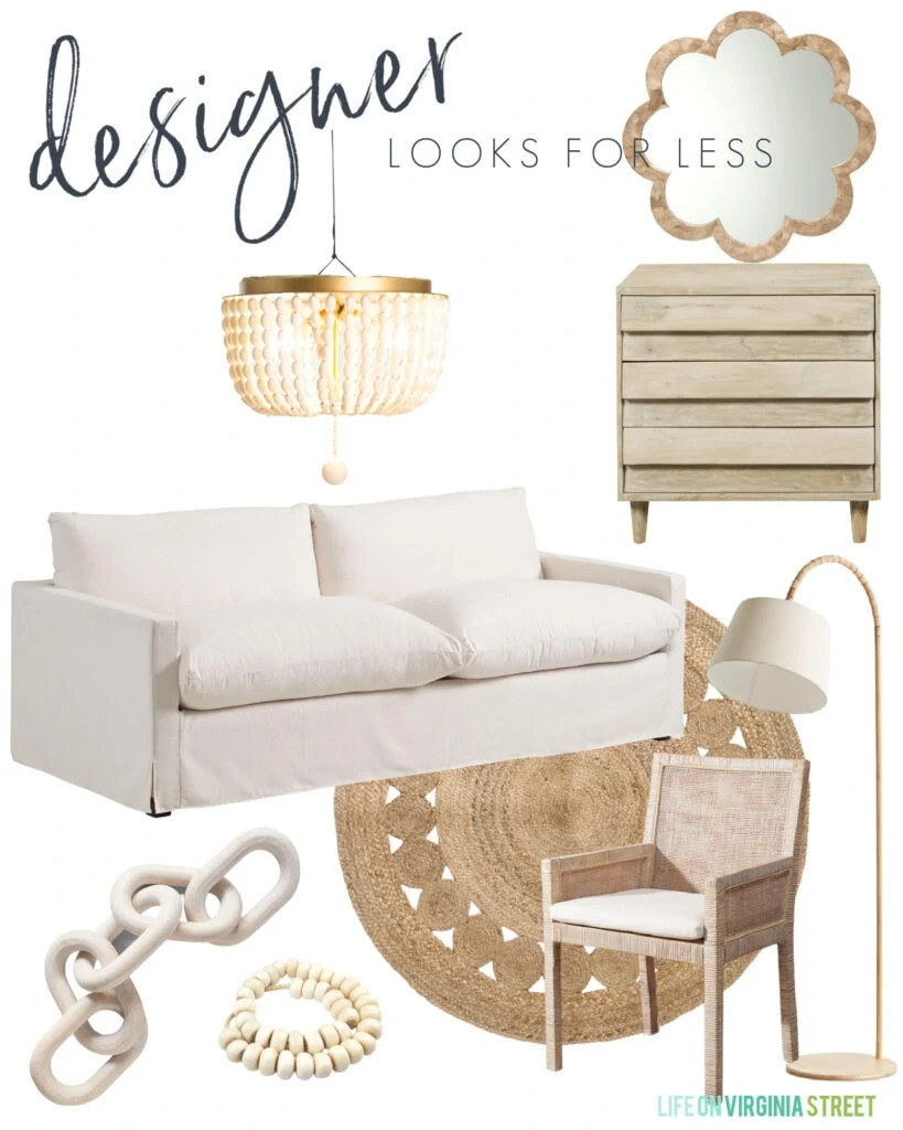 Home decor looks for less with a linen sofa, round woven rug, light wood dresser, capiz mirror, wood bead chandelier, light wood chain decor, woven arm chair, and tall floor lamp.