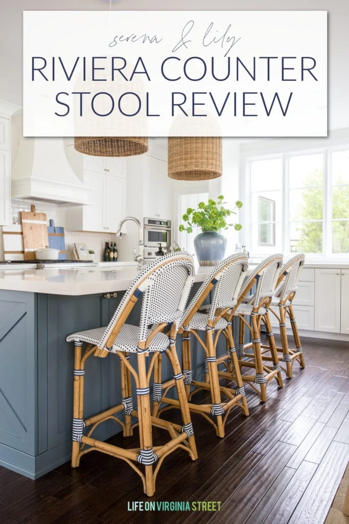 A thorough and honest review of the Serena & Lily Riviera Counter Stools in our kitchen after three years, including all the pros and cons!