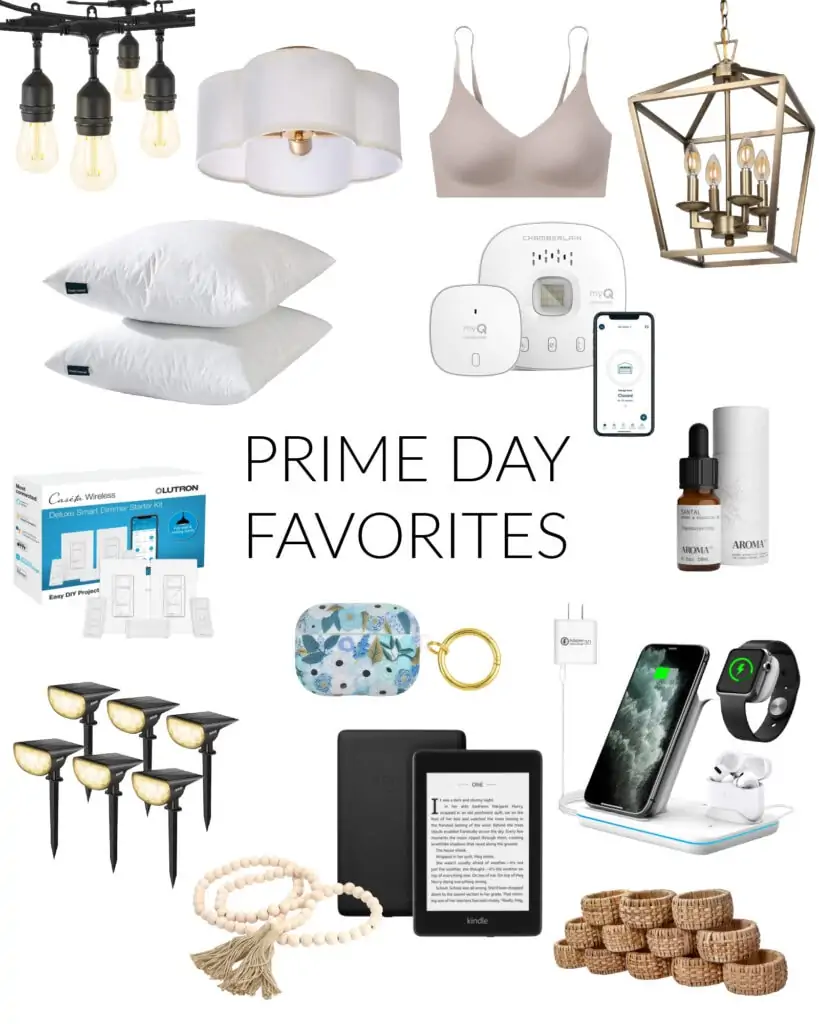 2021 Amazon Prime Day favorite sale items. We own many of these items including the shatterproof string lights, throw pillow inserts, comfy bra, solar landscape lights, 3-in-1 charger, wood bead garland, rattan napkin rings and more!