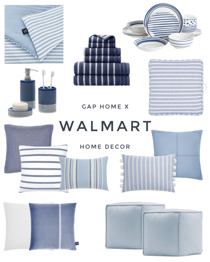 Some of my favorite pieces from the Walmart Gap Home collection including blue and white striped bedding, throw pillows, denim poufs, blue and white dishes, bath accessories and more!