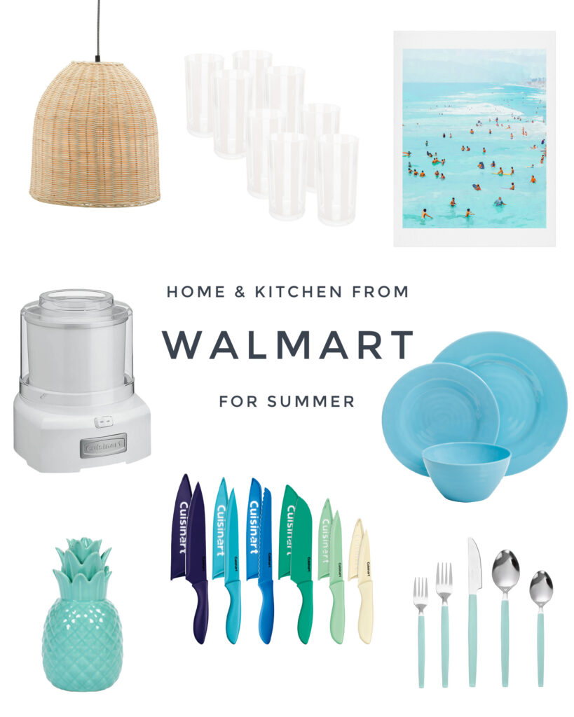 Walmart home and kitchen finds for the summer months! Includes a rattan pendant light, surfer art, ceramic pineapple, ice cream maker, ombre knives and melamine dishes!