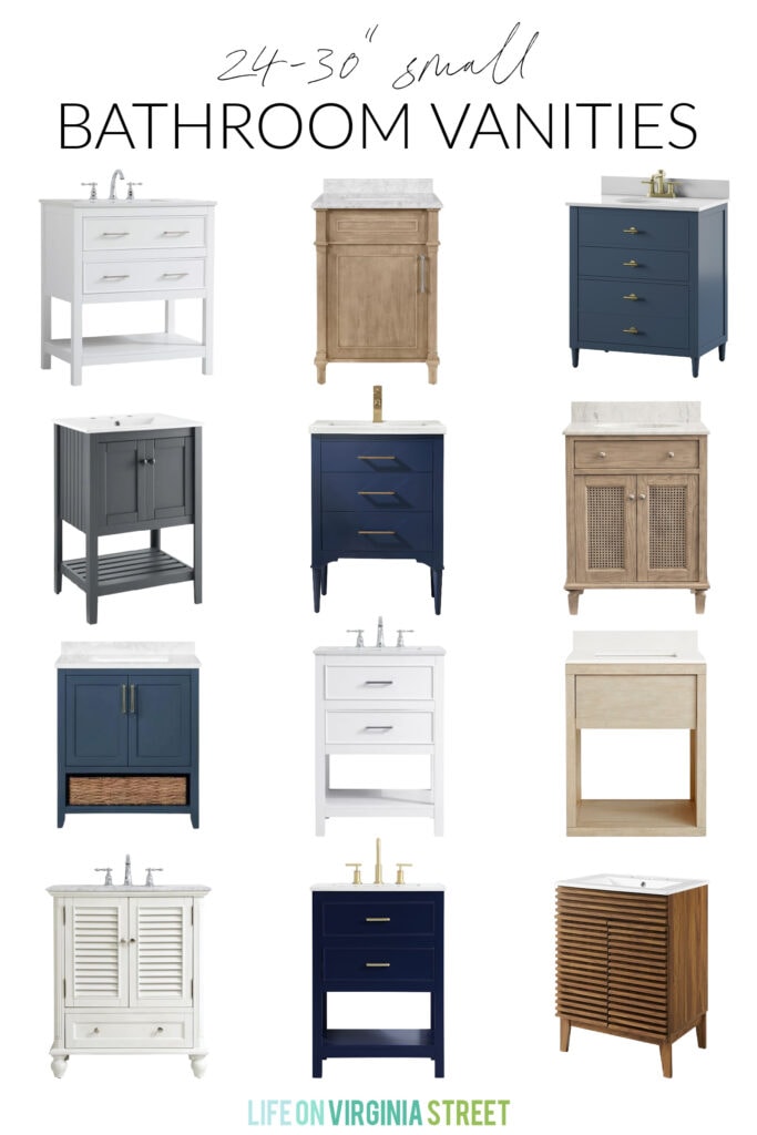 A collection of small bathroom vanities that work well for powder bathrooms or other small bath spaces!