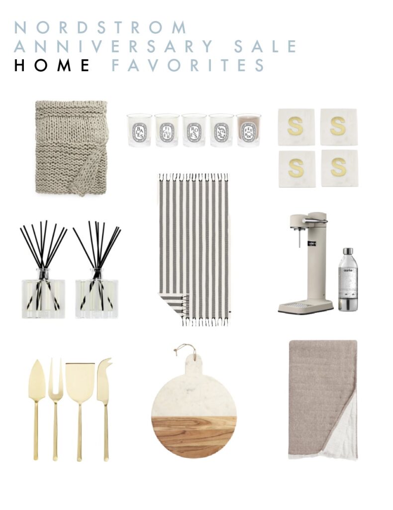 Nordstrom Anniversary Sale 2021 Top Picks for home decor including a chunky knit throw blanket, marble serving board, marble coasters, striped Turkish towel, sparkling water maker, and more!