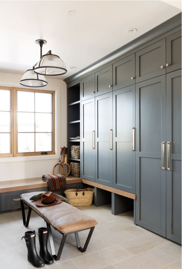 Benjamin Moore French Beret mud room cabinets.