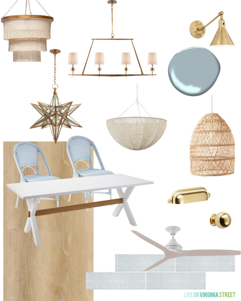 A mood board with some coastal chandelier ideas for our pool house dining area.