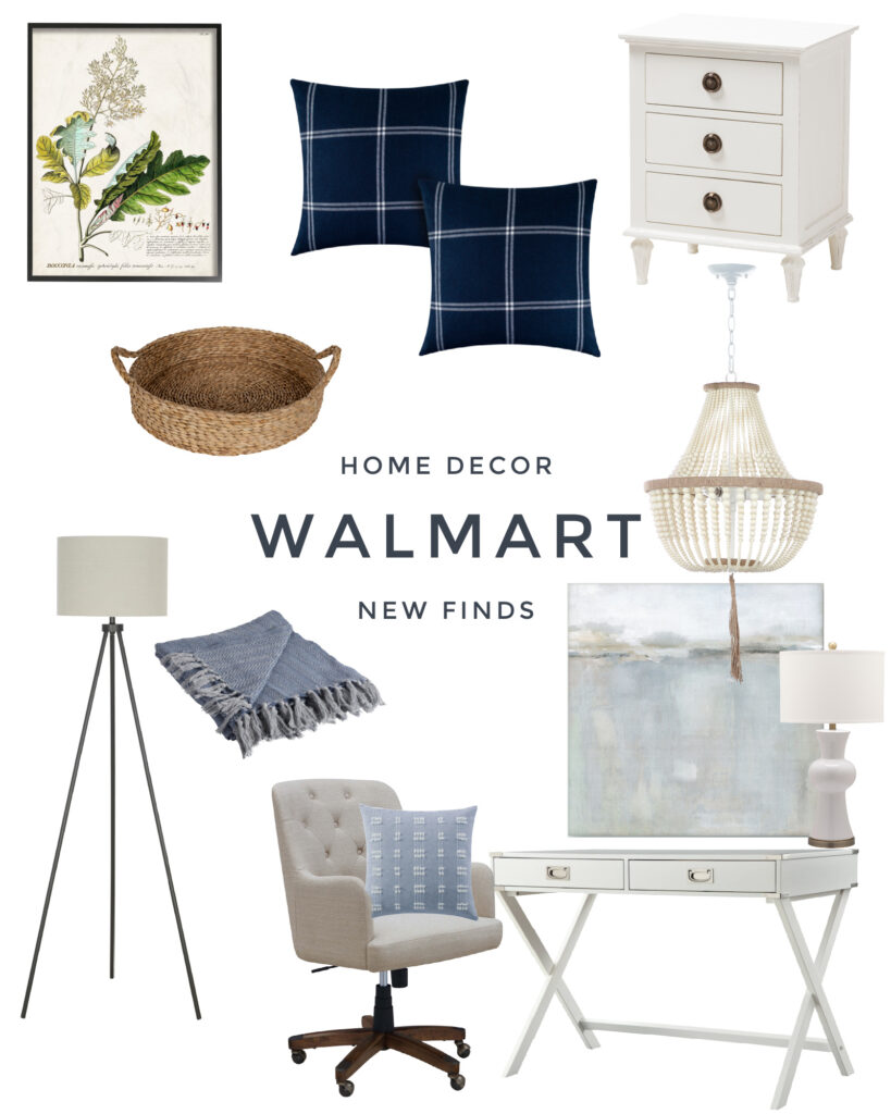 Cute Walmart home decor finds! Get the coastal look in your home office with this abstract art, bead chandelier, linen desk chair, white campaign desk, plaid pillows and more!