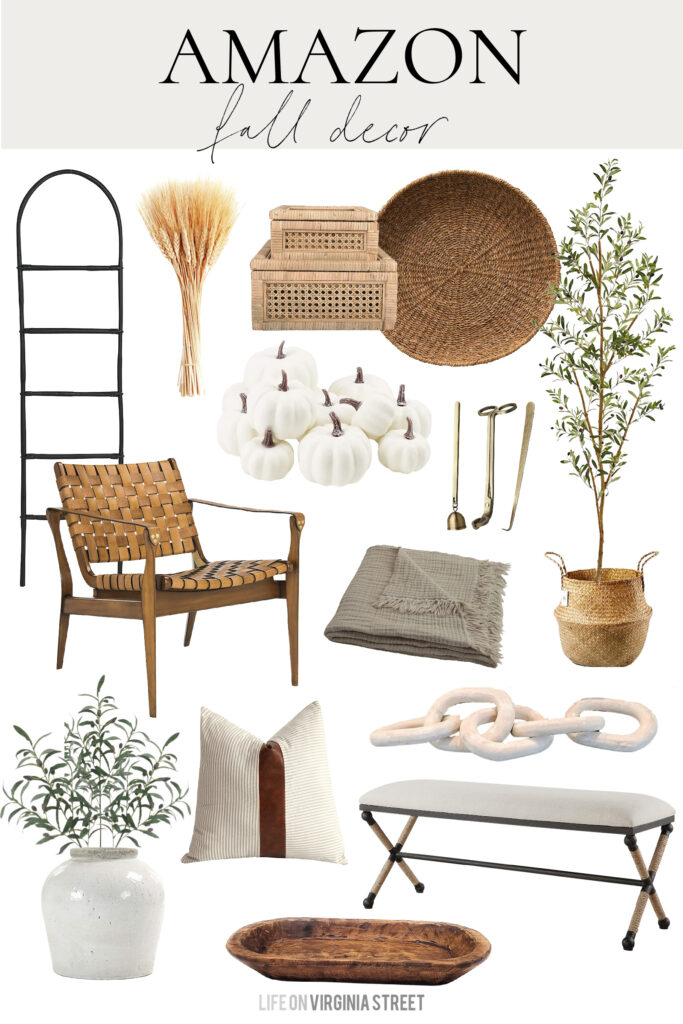 2021 Amazon Fall decor top picks! Includes a blanket ladder, woven leather chair, faux olive tree, dried wheat stems, a wood dough bowl, olive leaves, a light wood chain decor, and cozy blanket!