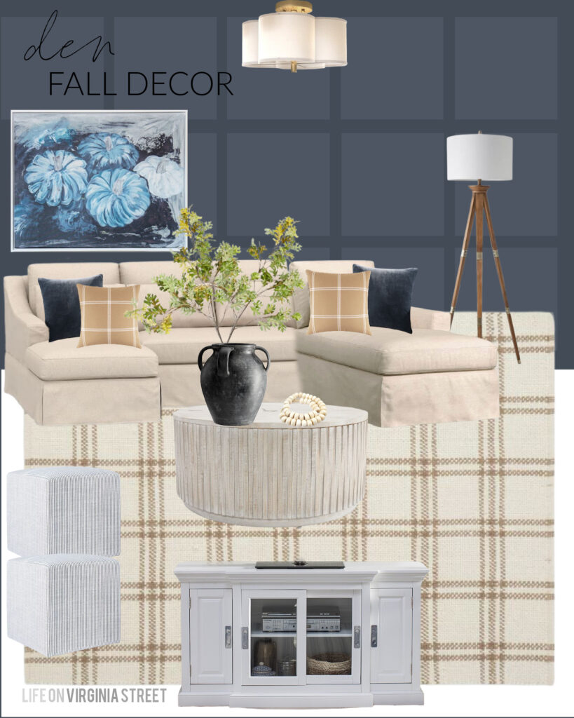Fall decorating ideas for our den / TV room! I’m thinking of painting the walls Benjamin Moore Hale Navy because I love it paired with our linen sofa, plaid rug, round coffee table (includes hidden storage), and upholstered ottomans. For fall I plan to add my blue pumpkin art, faux maple leaves, blue velvet pillows, plaid pillow covers and my weathered black vase!