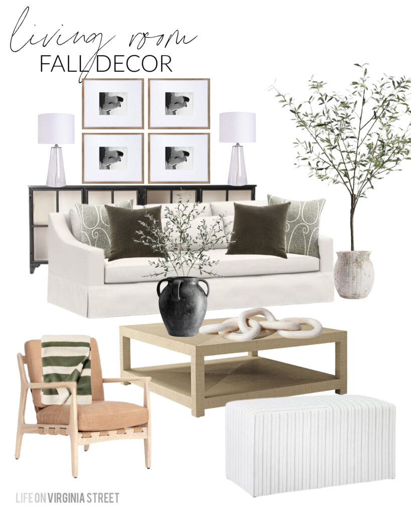 Fall design board and decorating ideas for our living room! I’m loving these olive green velvet pillows paired with the green paisley print pillow. This 7’ faux olive tree is one of my favorite purchases of the year and looks so pretty paired with our linen sofas and buckle back leather armchairs. I’m also linking my favorite weather black vase and faux olive branches.