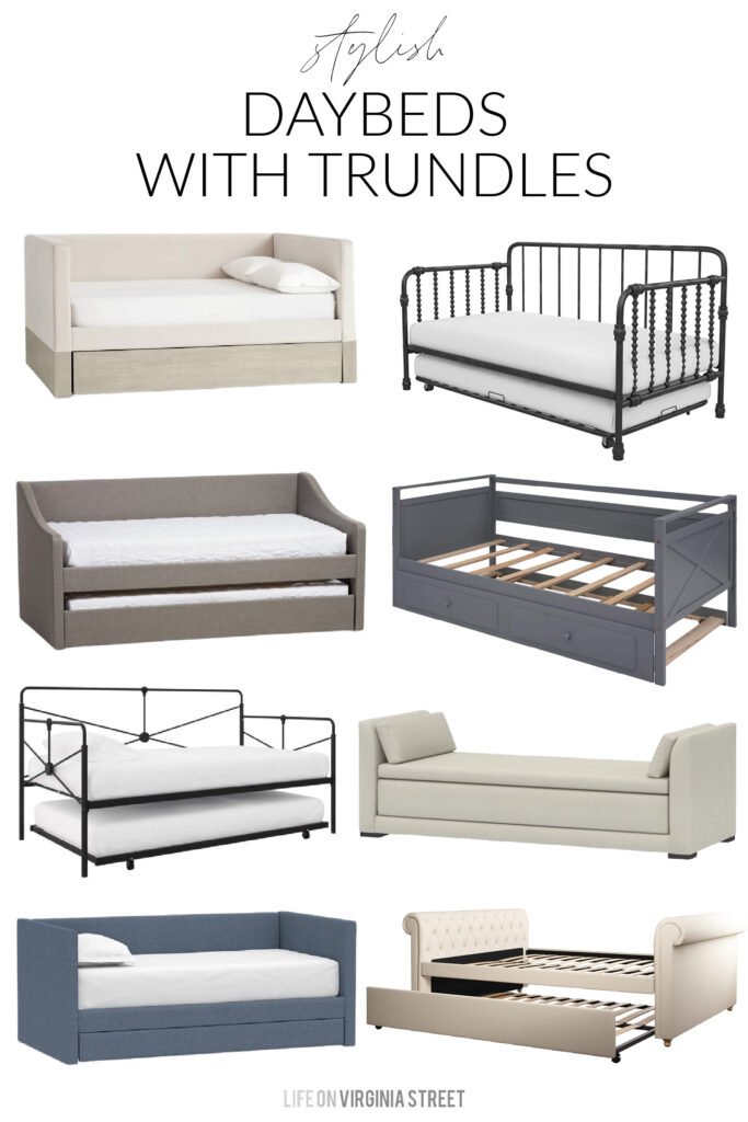 A collection of stylish daybeds with trundles, including upholstered daybeds, metal daybeds, trundle daybeds and more!