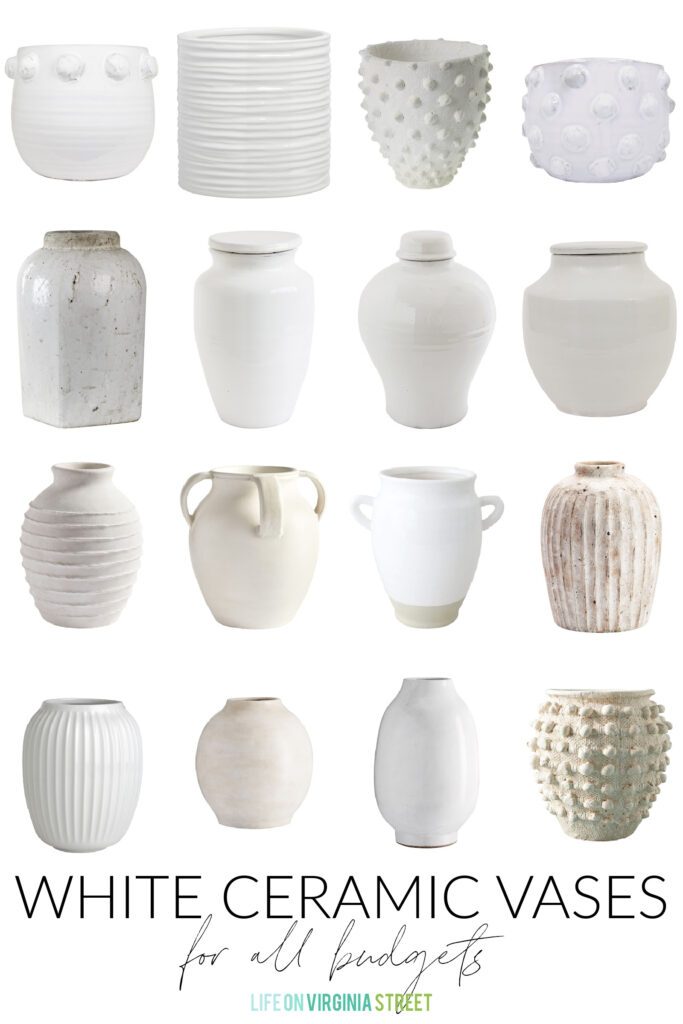 A curated collection of beautiful white ceramic vases and planters that can be used to decorate your home year-round! Includes bubble dot vases, urns, ridged vases, textured planters and more!