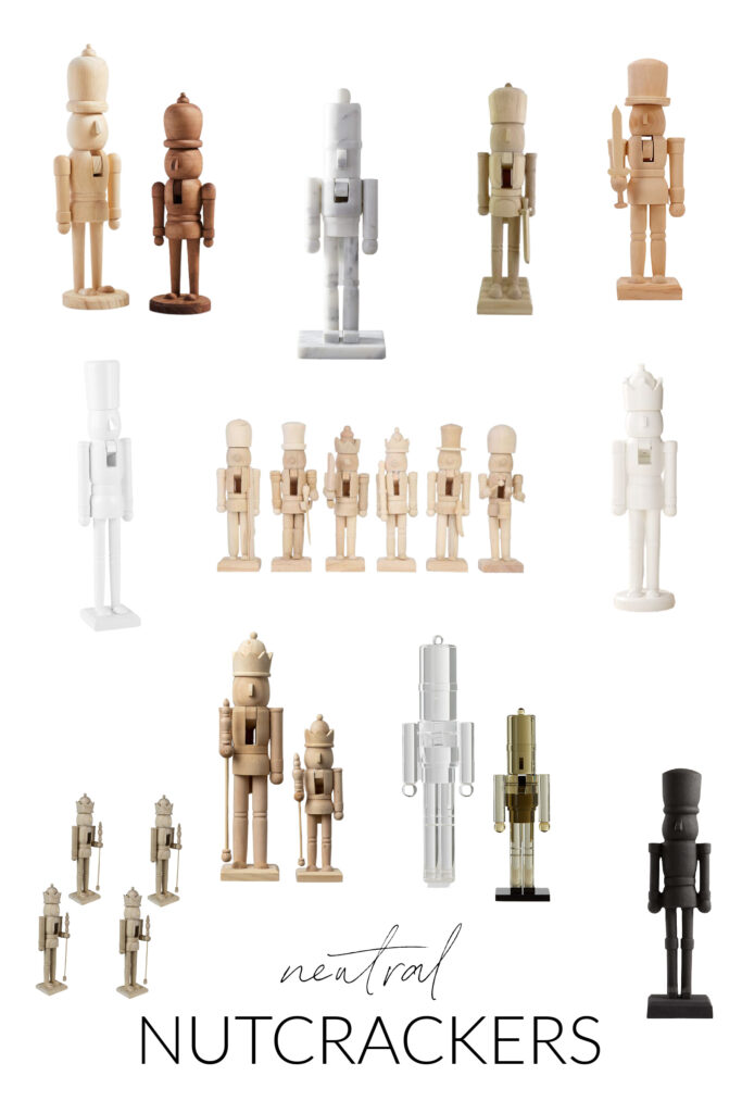 A collection of neutral nutcrackers, including white lacquer nutcrackers, wooden nutcrackers, acrylic nutcrackers, marble nutcrackers and an iron nutcracker!