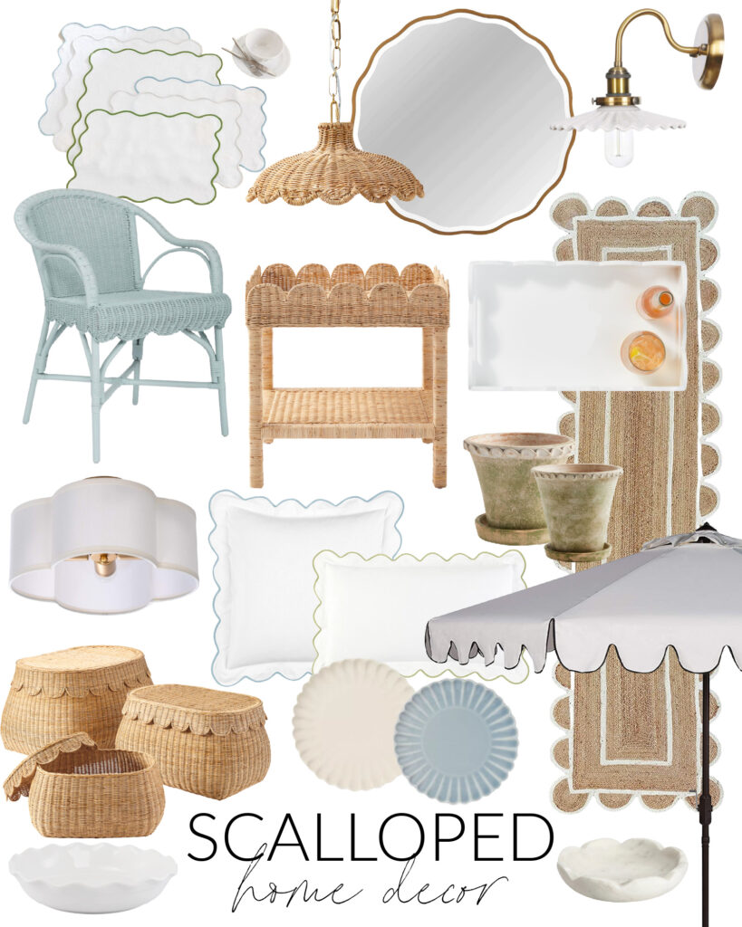 Scalloped home decor favorite including a scalloped jute rug, scalloped outdoor umbrella, scalloped wicker side table, scalloped light fixtures, wavy edge mirrors, scalloped plates and more!