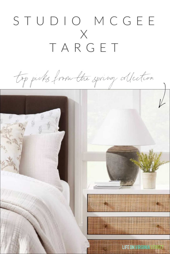 Favorites from the new Studio McGee Collection at Target for Spring 2022 including a rattan nightstand, ceramic lamp, faux greenery, quilts, upholstered channel headboard, and floral bedding!