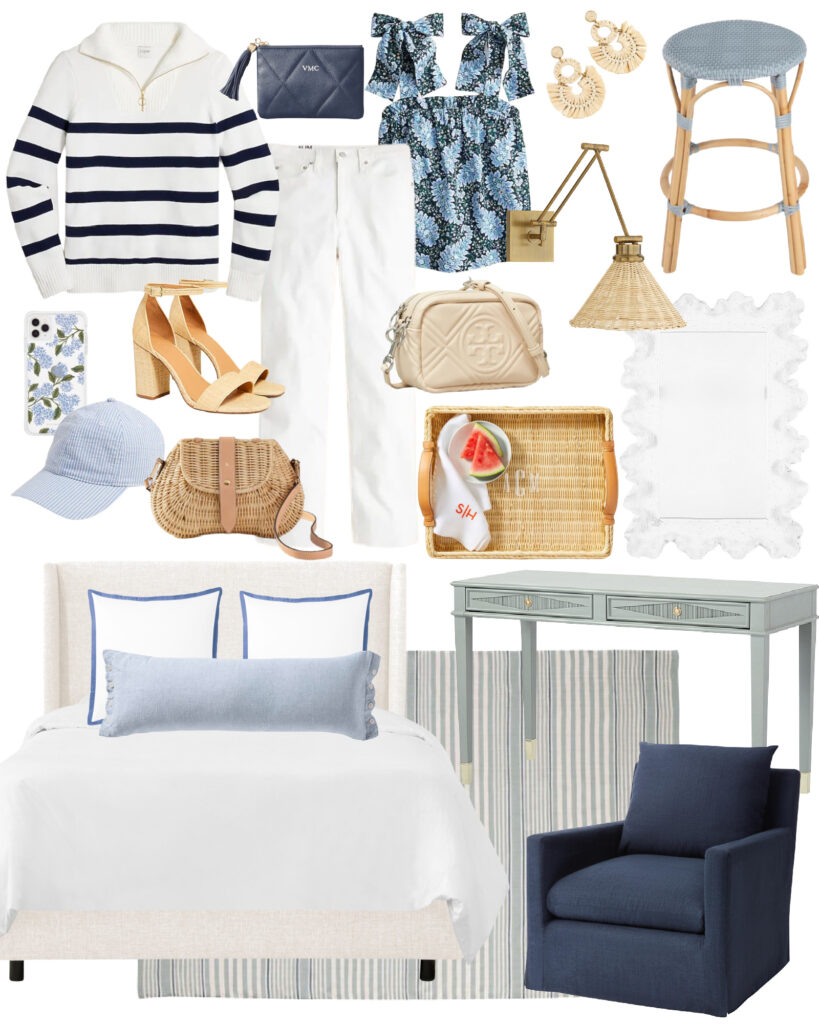 The Best 2022 Presidents' Day Weekend Sales including a white upholstered bed, navy blue swivel armchair, blue gray desk, white wavy mirror, a striped sweater, rattan sconce, blue counter stools, and cute spring outfit ideas.