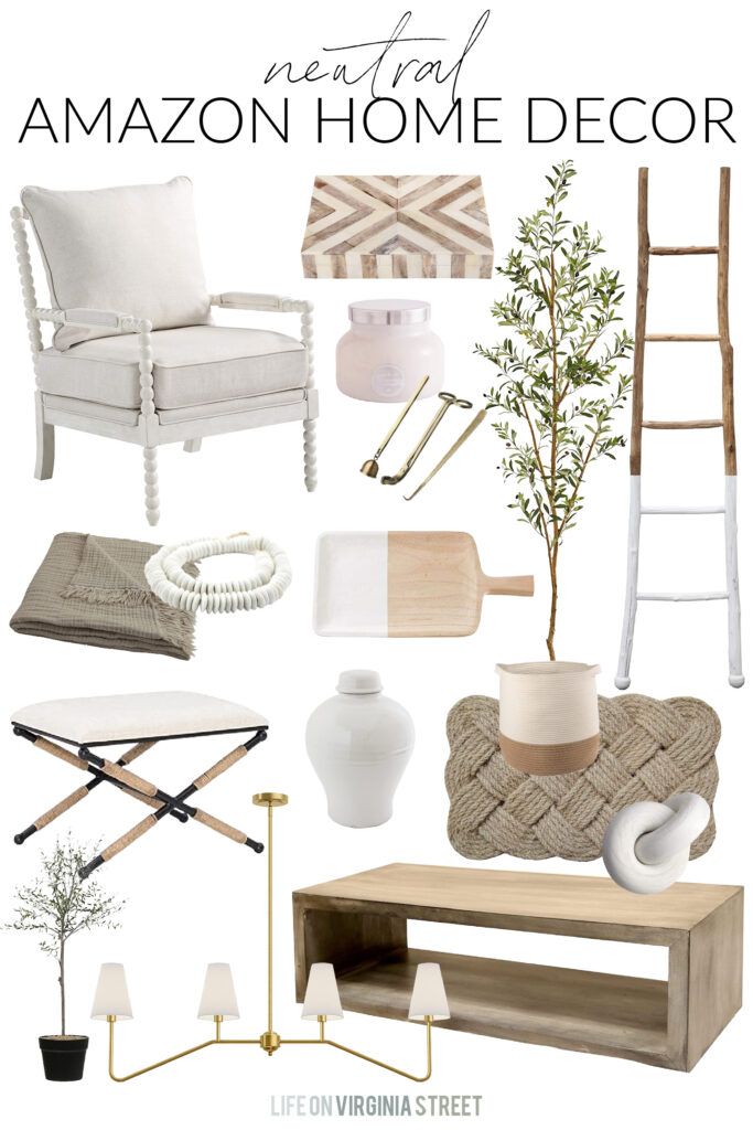 Neutral Amazon home decor picks including a white spindle chair, paint dipped ladder, faux olive tree, upholstered stool, linear chandelier, wood coffee table, and more!